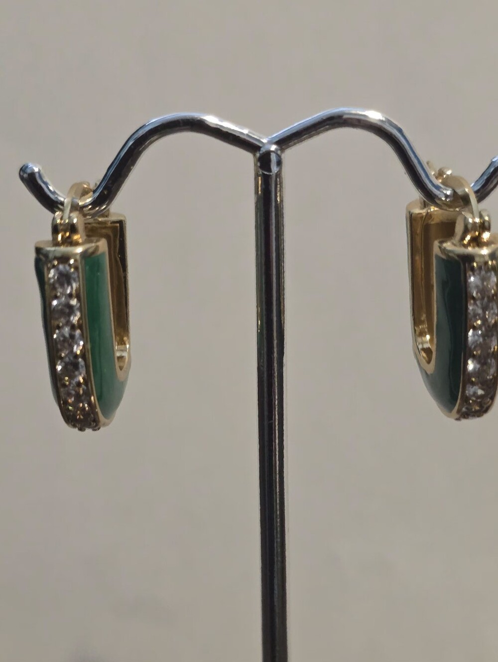 Gold-Tone Green Enamel Hoop Earrings with Crystal Accents